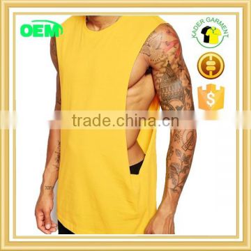 Men's dropped armhole tank top, cotton yellow gym tank top