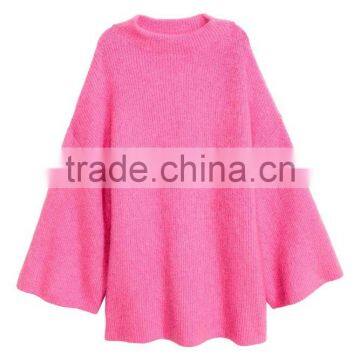 High Quality Long Bell Sleeves Crew Neck Ribbed Handmade Wool Knit Sweater for Women photo-3