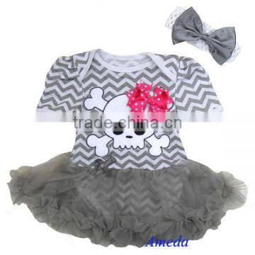 Newborn Baby Silver Gray Chevron Skull Pettiskirt Bodysuit Romper and Headband NB-18M