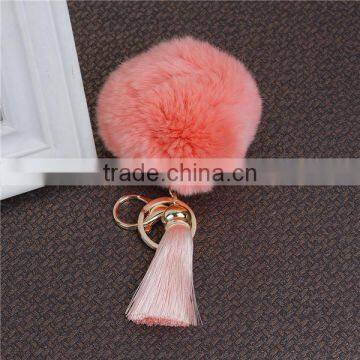 Gold Plated Korea Pink Angora Pom Pom Ball Peachy Beige Rayon Tassel Key Chain photo-2