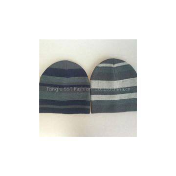 Quality Acrylic contrast color jacquard knitted men beanie hat