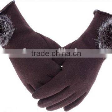 Pretty Rabiit Fur Pompoms Ball Wrist Trim Winter Warm Shammy Gloves For Lady