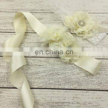 Beige Ribbon Sash & Headband Sets With Rose Lace Feather Crown Bridal Accessory For Wedding