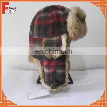 Wholesale Real Rabbit Fur Hat Earflap Trapper Hat Wool Plaid Winter Hat For Women