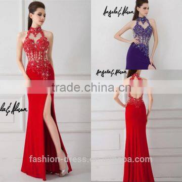 Beautiful High Neck Open Back Red Side Slit Evening Dress With Beaded