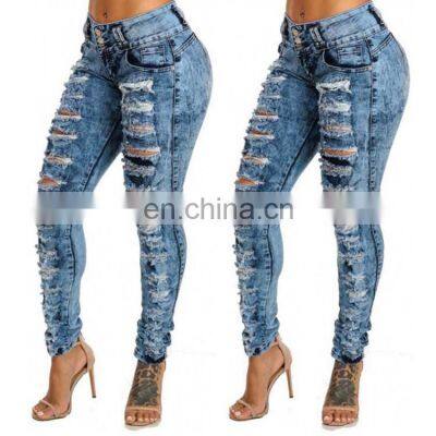 Customized wholesale new style jeans ripped high waist single breasted jeans with small feet pencil pants trousers washed pants