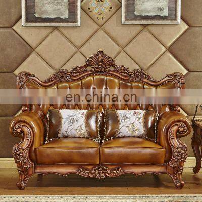 American Style Antique Solid Wood Genuine Leather Sofa Set Living Room Furniture photo-3