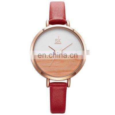 SHENGKE Creative Lady Watch Two-tone Colors Dial Wood Wooden Color Watch Soft Leather Band K8036L Put Your Logo Watches