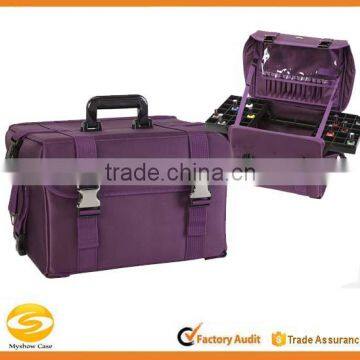 Beauty Soft Sided Pro Makeup Artist Nail Art Organizer Train Case Carry-on w/ Removable Dividers & Travel Brush Holder (Purple)