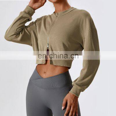 Women Warm Crop Tops Hoodies Custom Logo Double Sliders Zip Up Sleeve Sports Jackets 95polyester 5spandex photo-3