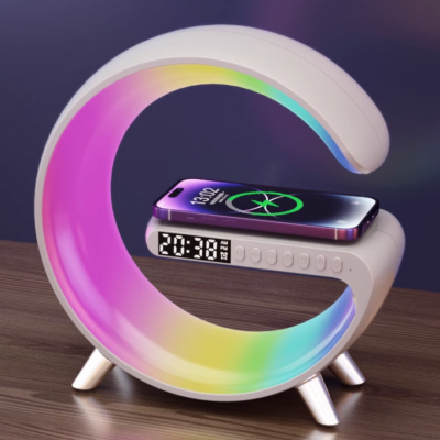 New big G shape Bluetooth speaker BT-3401 colorful atmosphere light wireless charging clock alarm clock all-in-one