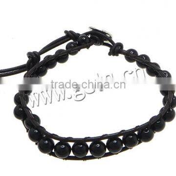 Black Agate Other Shape Men Black Leather Wrap Bracelet