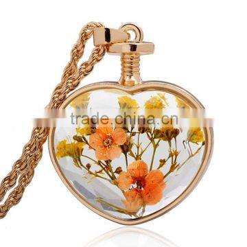 Fashion Jewelry Dried Flower Locket Romantic Crystal Glass Heart Shape Floating Locket Pendant for Women Girls