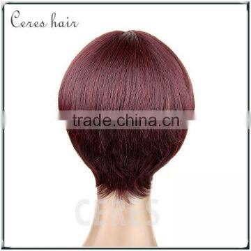 wine red indian remy human hair full lace wig short silk straight human hair wig