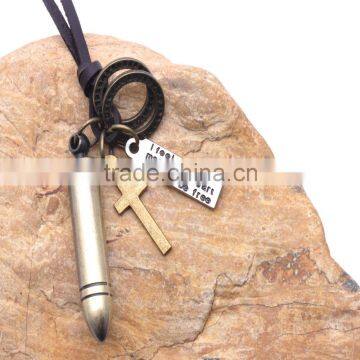 Genuine Leather Necklace with Antique Brass Bullet Pendant.