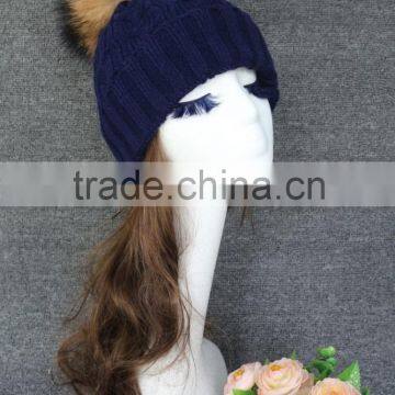 New Arrival Navy Knitted Hat Wool Feel Strip Knitted Hat With Raccoon Fur Pompoms