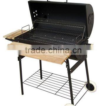 Barrel Charcoal BBQ Grill with smoker and Wood Table trolley