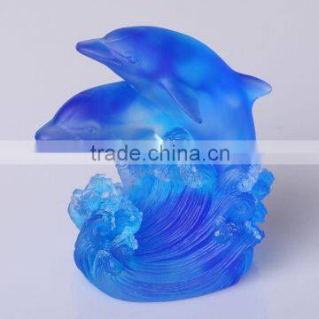 pate de verre crystal hotel decoration of blue matt dolphin sculpture