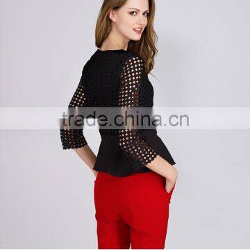 PRETTY STEPS 2016 sexy black long sleeve twill mesh hollow out tight office blouse