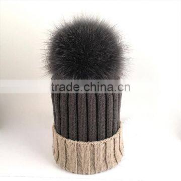 Myfur Real Fox Fur Pom Pom Bi-Color Adult Elegant Wool Beanie