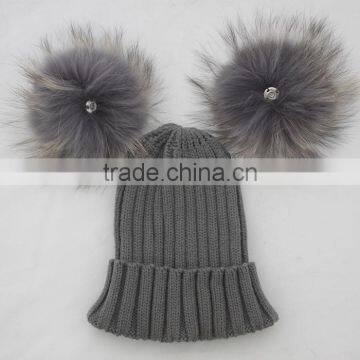 Myfur Dark Grey Wool Knitting Hat With Detachable Raccoon Fur Pom Poms photo-2