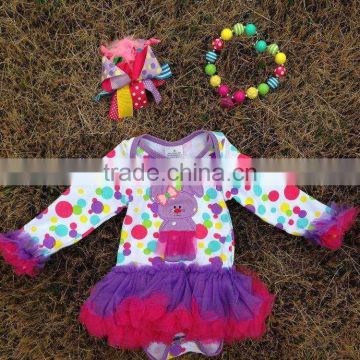 2015 new baby girls kids color dots bunny Easter dress with necklace and headband set