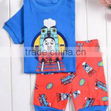 wholesale bangkok manufactures children clothes boy a blue cartoon train applique American market hot sale latest design set