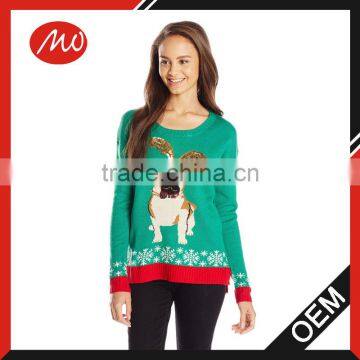 new model juniors' Christmas pug with sequins plain sweater for wholesale