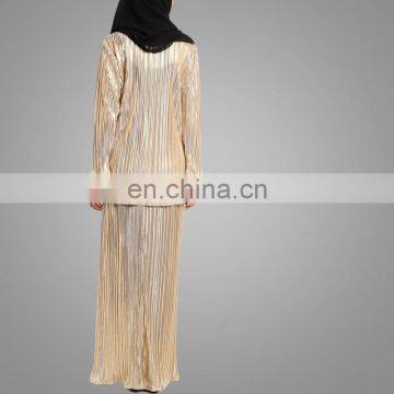 Designer Light Gold Baju Kurung Fashion Pleats Material Women Suits Malaysia Style Dress photo-4