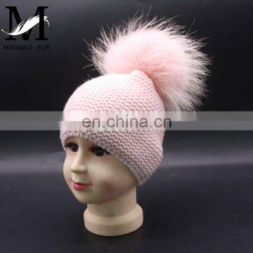 Fashion Kids Winter Knitted Raccoon Fur Pompom 100% Acrylic Knitted Beanie Hat