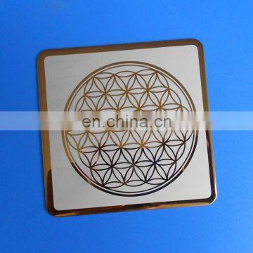 High quality square shape flower of life golden aluminum drink coaster