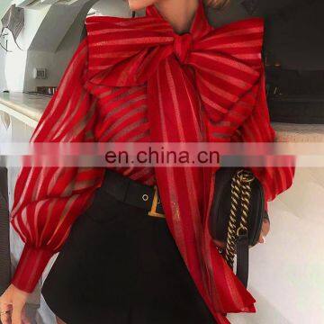 TWOTWINSTYLE Striped Bow Collar Lantern Sleeve Loose Lace Up Women's Shirts 2020 photo-6