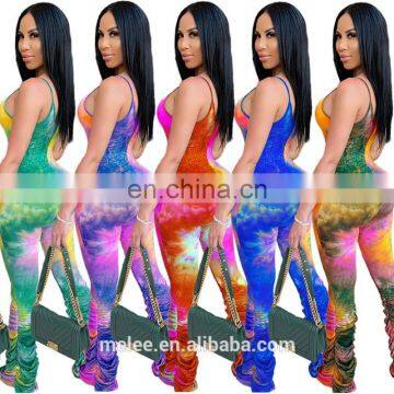 Women Sleeveless Tie Dye Print Skinny Spaghetti Strap Bodycon Long Stacked Bell Bottom Flare Jumpsuit Romper One Piece Outfit photo-7
