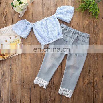 Kids Off-shoulder Outfits Girls Short Sleeve Blue Tops + Long Pant 2pcs Set Summer Costume photo-3
