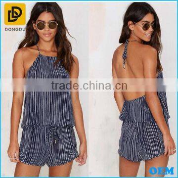 High-end Stylish Women's Summer Stripe Print Halter Romper /High Quality Ladies Backless Summer Jumpsuit