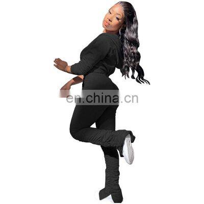 Wholesale Custom Women's Suits Western Style Solid Color Sweater Folds Pocket Jacket With Hat Sports Pants Suit Hooded photo-3