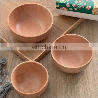 Wholesale hot sale round small natural beech wooden dough salad serving food fruit bowl handmade logo decorative set