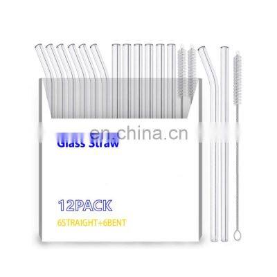 Hot Sale Manufacturer Custom Made 12 Pcs Bent And Straight Glass Drinking Straw 12-Pack Reusable Glass Straw