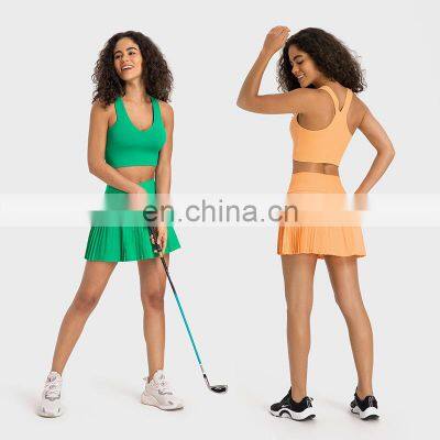 Custom Logo V Neck Sports Bra Pleated Mini Skirt Golft Tennis Sport Yoga Wear Two Piece Suit Set Women Outdoor Fitness Clothes