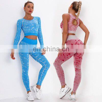 Printing Seamless Gym Fitness Set For Women High Waist Yoga Leggings Bra Suit Set Fitness Longsleeve Top Workout Wear Clothing