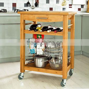 High Quality Bamboo Wheeled Kitchen Trolley with basket Kitchen Storage Cart Kitchen Storage Rack with Drawer