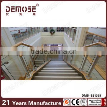 indoor stair tempered glass with wood stair railing