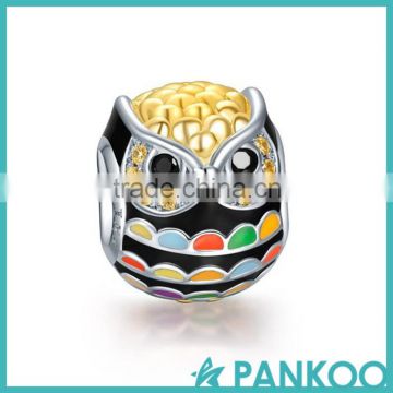 925 Sterling Silver Gold Plated Owl Charms with Zirconia bead, Fine Women Jewelry Fits Pankoo Bracelet