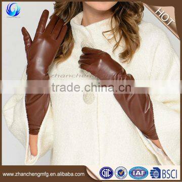 Hot sale plain style ladies winter long sheepskin leather gloves for touch screen