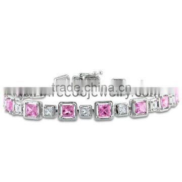 925 Silver Pink Topaz Color Princess Cut CZ Tennis Bracelet