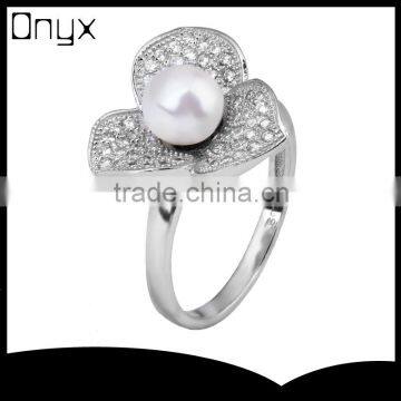 2015 Fashion 925 Sterling Silver Ring Clover Micro Zircon Pave Setting Pearl Ring