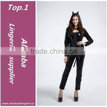 High quality black latex zipper front long romper sex sexy catwoman costume lingerie with tail