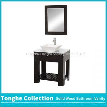 Espresso Hotel Bathroom Vanity With White Stone Top Ceramic Vessel Sink