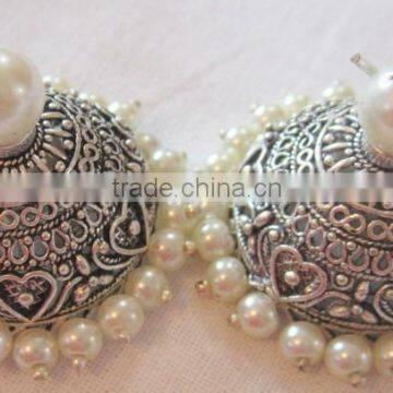 Silver Tone Jhumka Pearl Bollywood Dangler EARRINGS photo-3