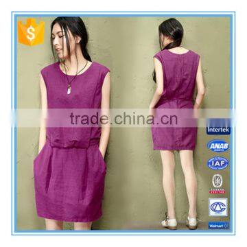 2016 Elegant Slim Casual Dress Solid Color Cotton Linen Vest Dress For Women